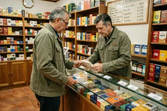 Homme examinant des cartouches de cigarettes dans un bureau de tabac espagnol avec des étiquettes de prix en euros