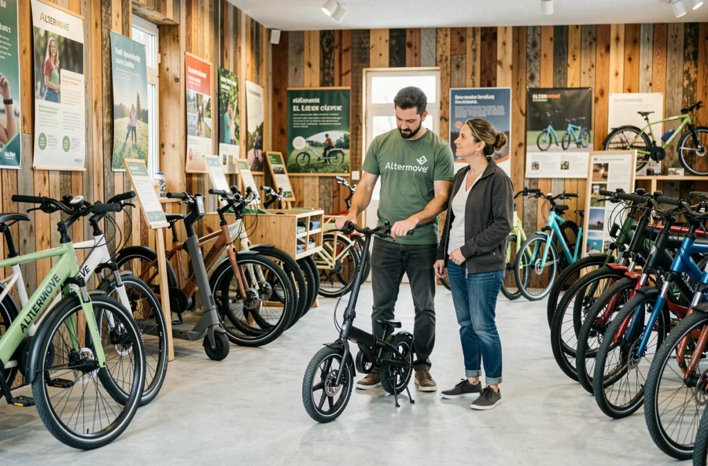 Intérieur d'Altermove Lille présentant une gamme de vélos électriques et scooters électriques avec un conseiller et une cliente