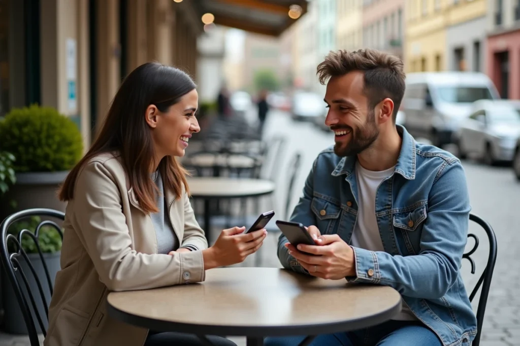 Deux amis discutant de jeux de mots sémantiques sur leurs smartphones en terrasse de café, évoquant le débat Cémantix versus Cépantix