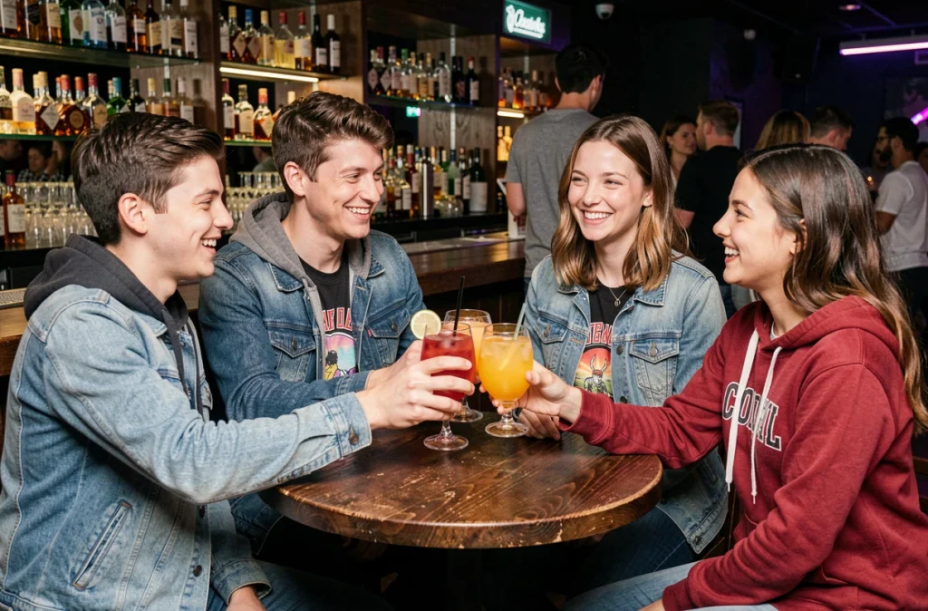 Groupe d'amis étudiants qui trinquent au bar d'une discothèque à Perpignan