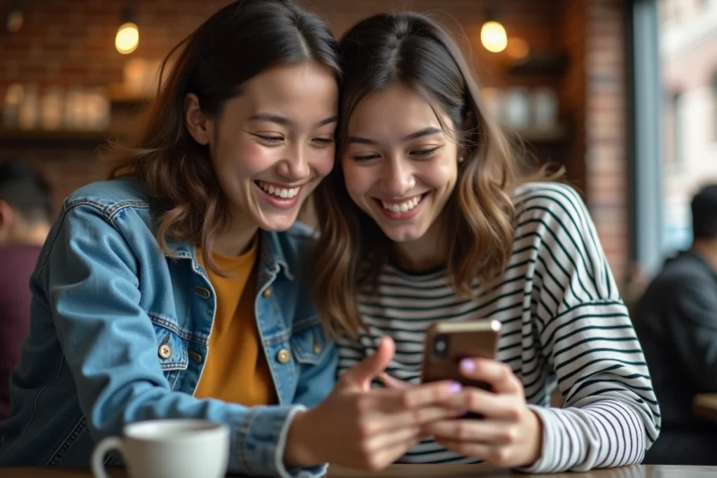 Deux amis dans un café regardant des GIFs d'anniversaire sur un smartphone pour accompagner une carte virtuelle