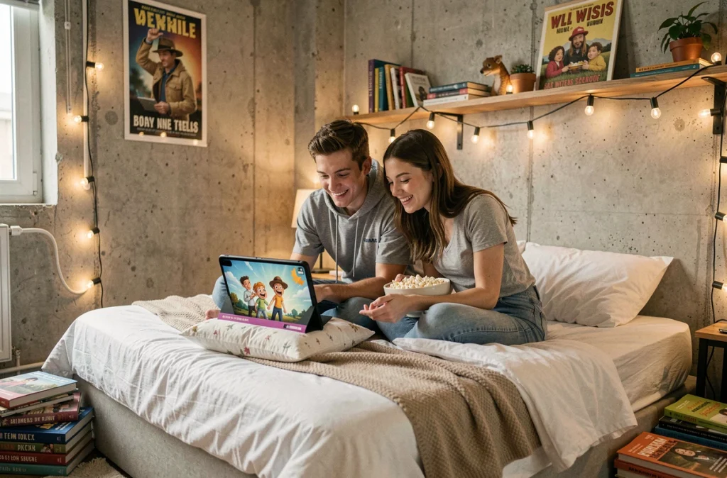 Deux amis regardant ensemble une série animée francophone sur une tablette dans un appartement étudiant décoré