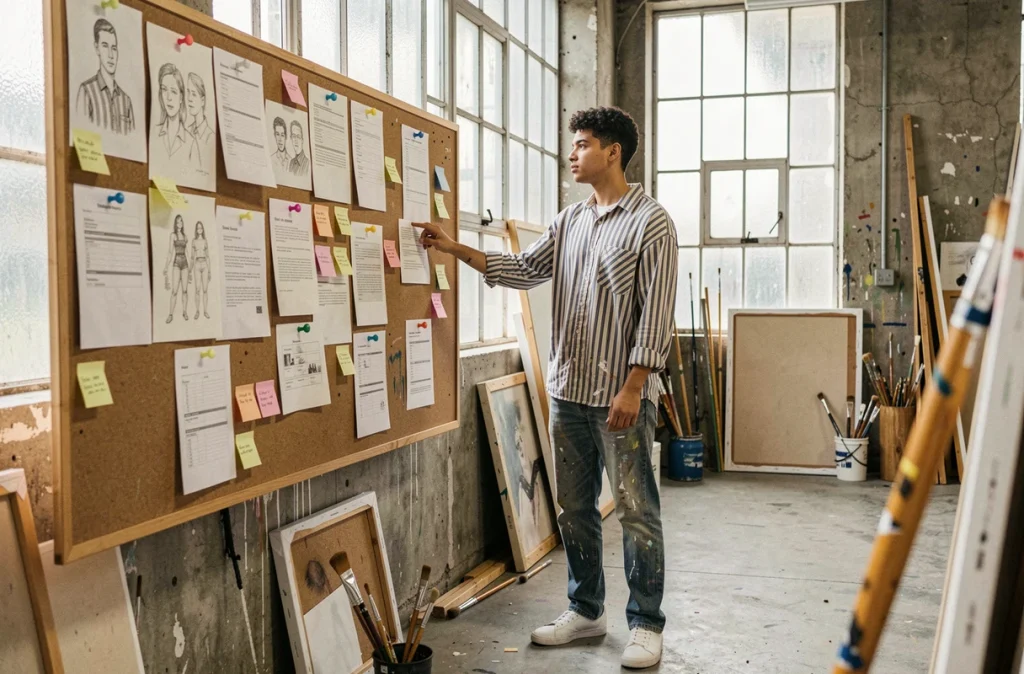 Artiste non-binaire debout devant un tableau d'affichage couvert de brouillons de CV et de croquis dans un atelier d'art industriel