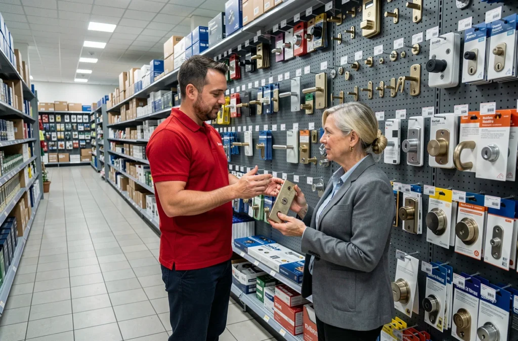 Intérieur du magasin Au Forum du Bâtiment avec un vendeur conseillant une cliente sur des serrures et quincaillerie