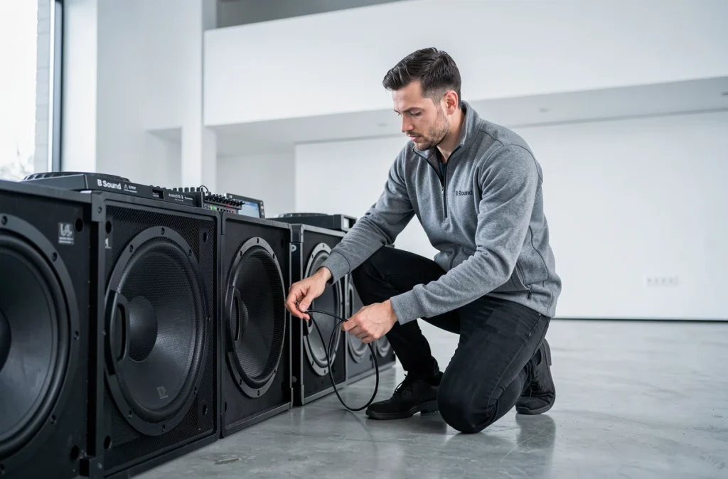 Technicien son de B.Sound installant des enceintes professionnelles dans une salle événementielle moderne du Rhône