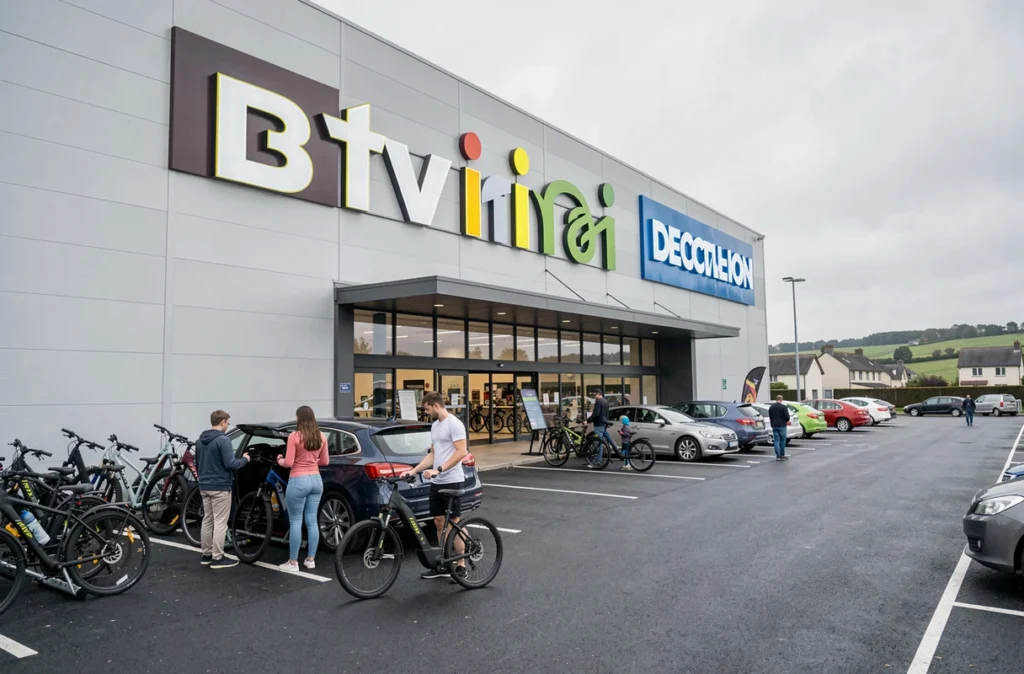 Façade extérieure du Btwin Village avec des familles et des cyclistes devant le grand magasin de vélos