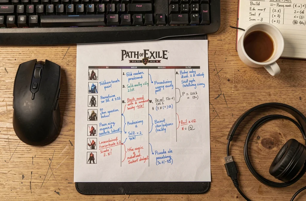 Vue aérienne d'un bureau de joueur avec notes manuscrites et fiche de build pour débuter dans Path of Exile 2