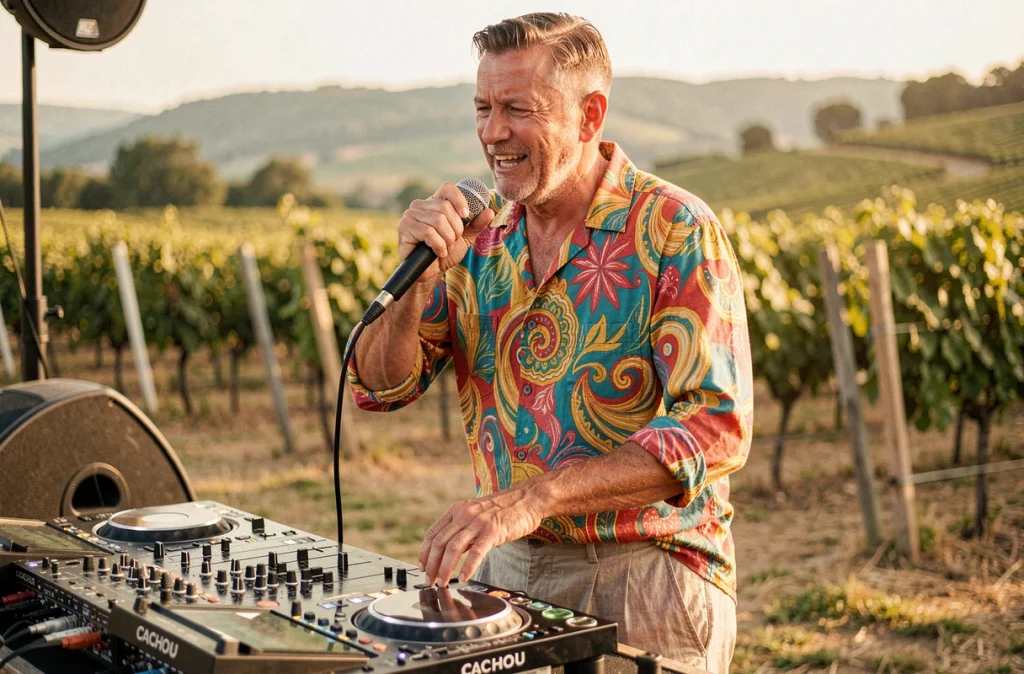 CACHOU DJ-LIVE en prestation live et vocale sur scène lors d'un festival en plein air dans le Rhône