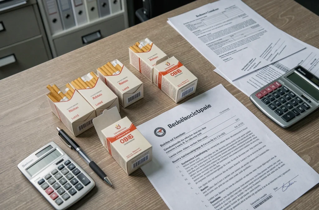 Cartouches de cigarettes posées sur des documents fiscaux belges illustrant la réglementation tabac 2026