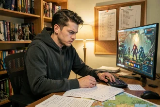 Joueur concentré devant son écran de jeu avec des notes et des cartes sur son bureau, illustrant la préparation aux quêtes cachées de Dofus