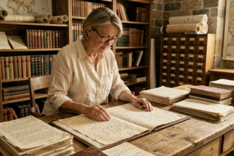 Chercheuse consultant un manuscrit ancien dans une salle d'archives historiques d'abbaye