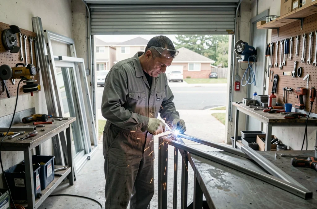 Artisan serrurier-métallier Compao travaillant sur une grille métallique dans son atelier de Champigny-sur-Marne