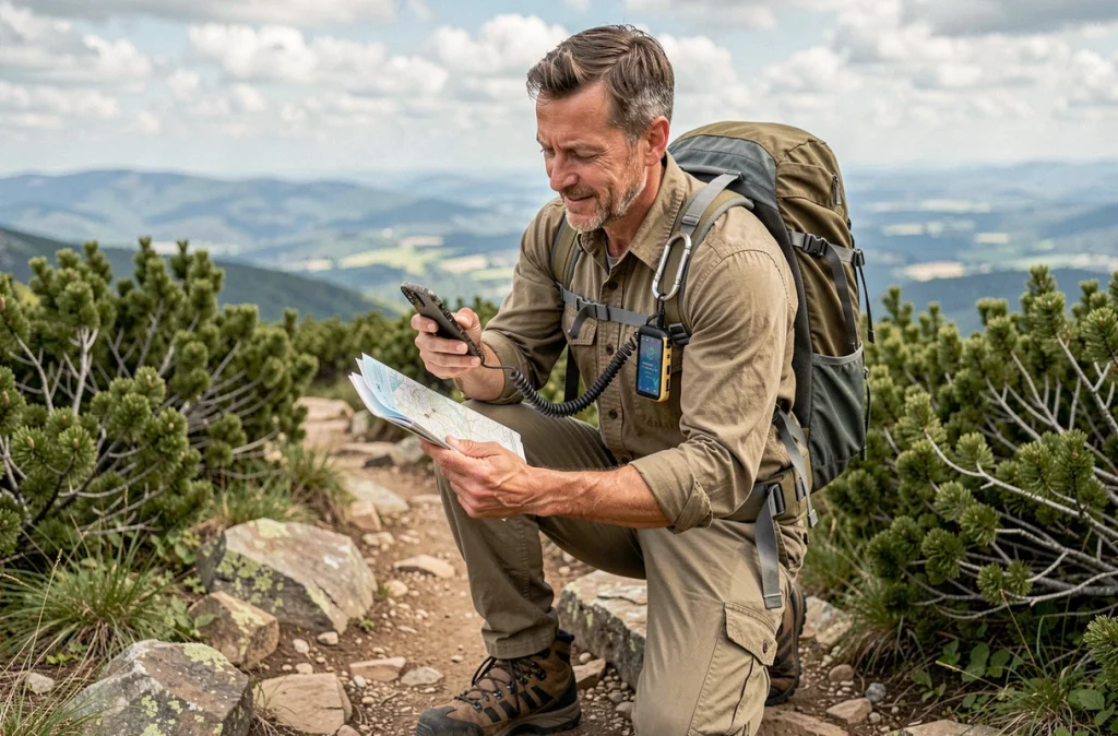 Randonneur en montagne avec un cordon téléphone sport accroché à son sac à dos pour sécuriser son smartphone