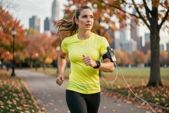 Femme en train de courir avec un cordon téléphone sport attaché au poignet pour le running en plein air