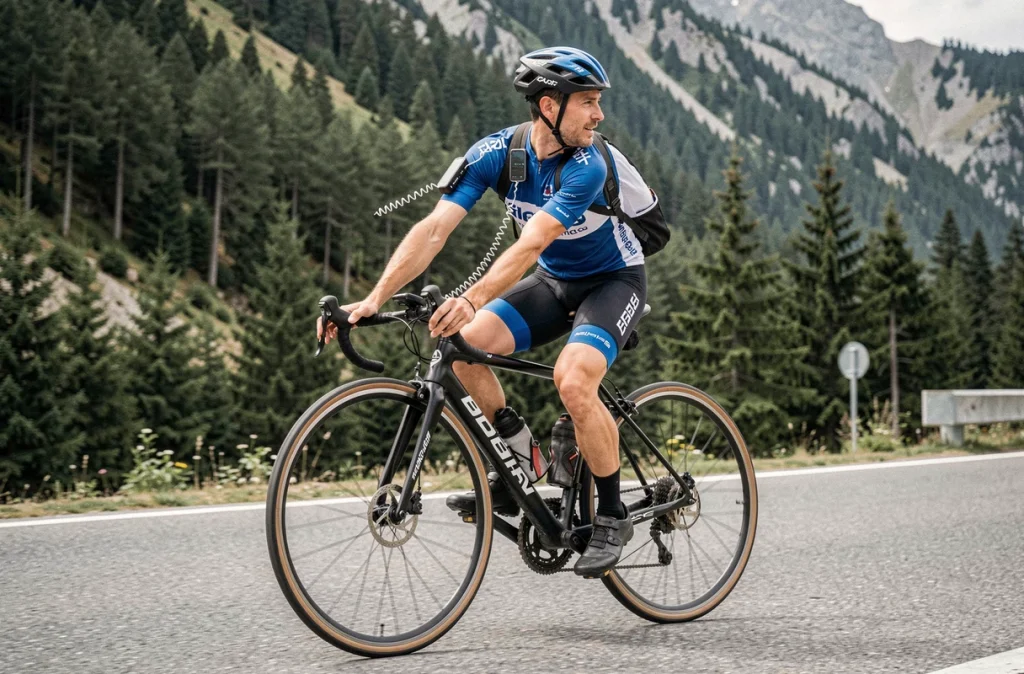Cycliste sur route de montagne utilisant un cordon téléphone sport fixé au guidon de son vélo