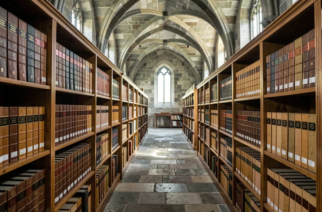 Couloir d'archives monastiques avec rangées de registres anciens reliés cuir dans un monastère français