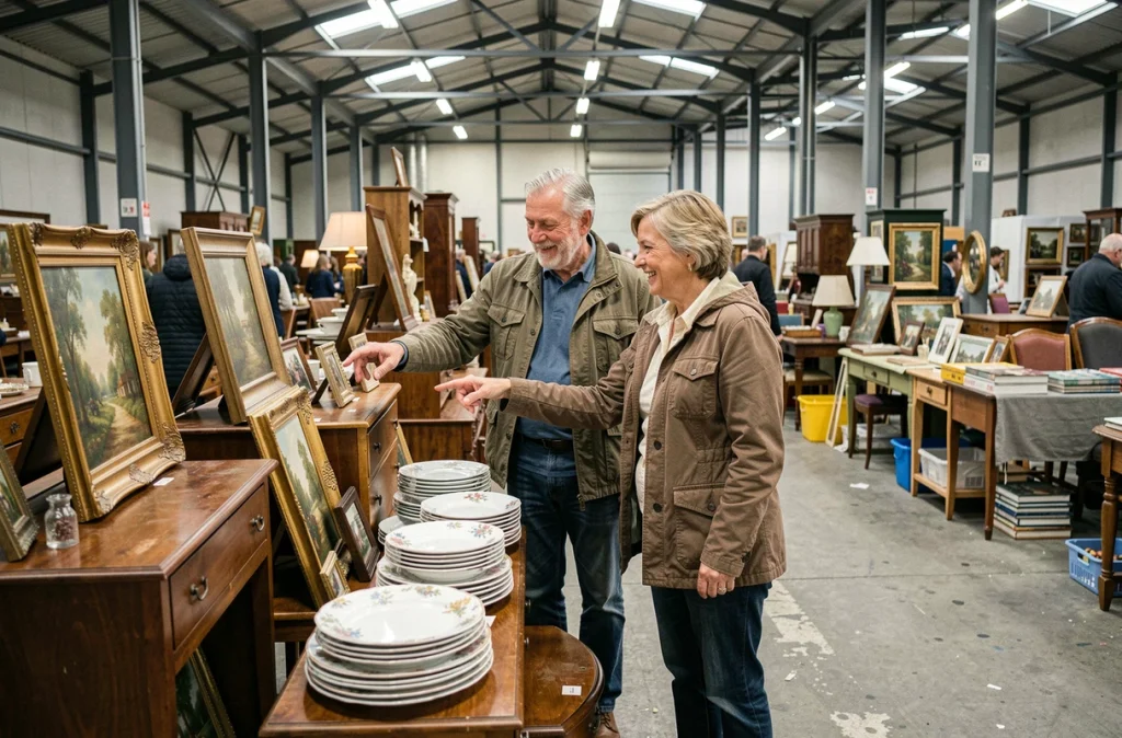Couple de chineurs explorant un salon de brocante intérieur rempli de meubles anciens et d'objets vintage
