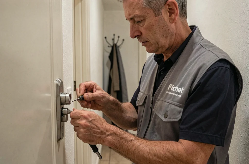 Serrurier Fichet spécialisé en crochetage intervenant sur une serrure de sécurité dans un couloir d'appartement à Cœuilly