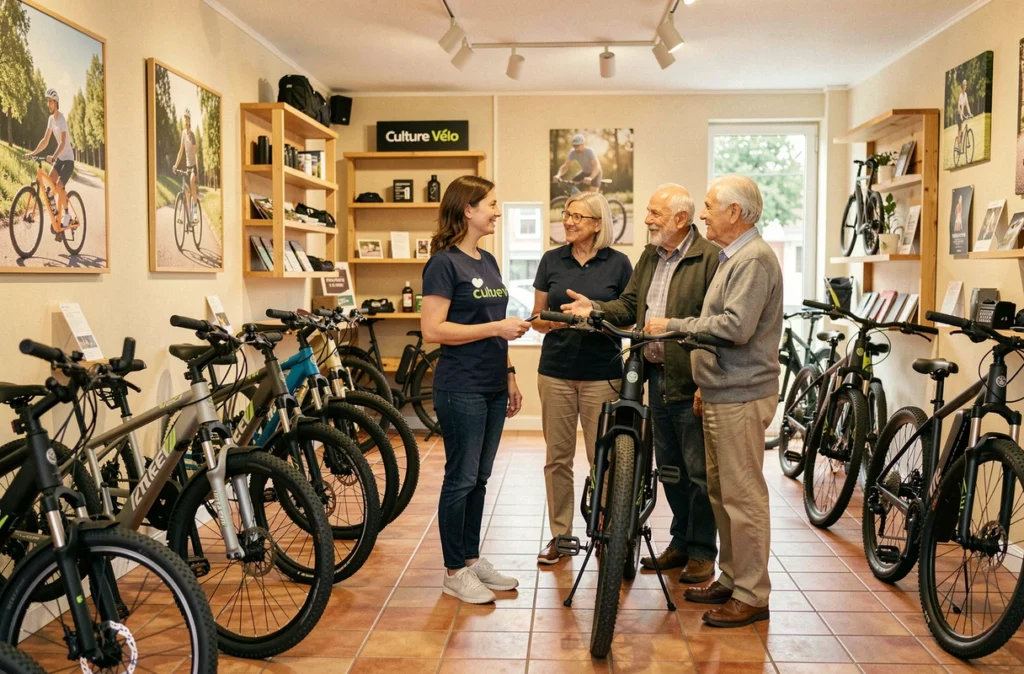 Devanture et intérieur de Culture Vélo à Saint-André-lez-Lille avec un couple et une conseillère examinant des vélos électriques