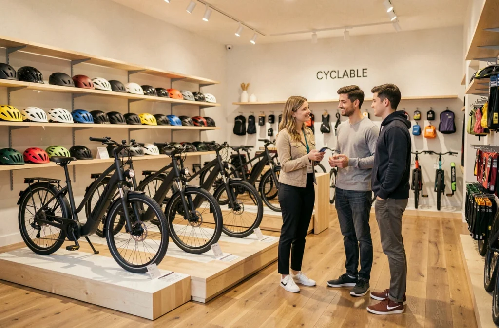 Intérieur de Cyclable Lille avec une conseillère présentant des vélos électriques urbains à des clients