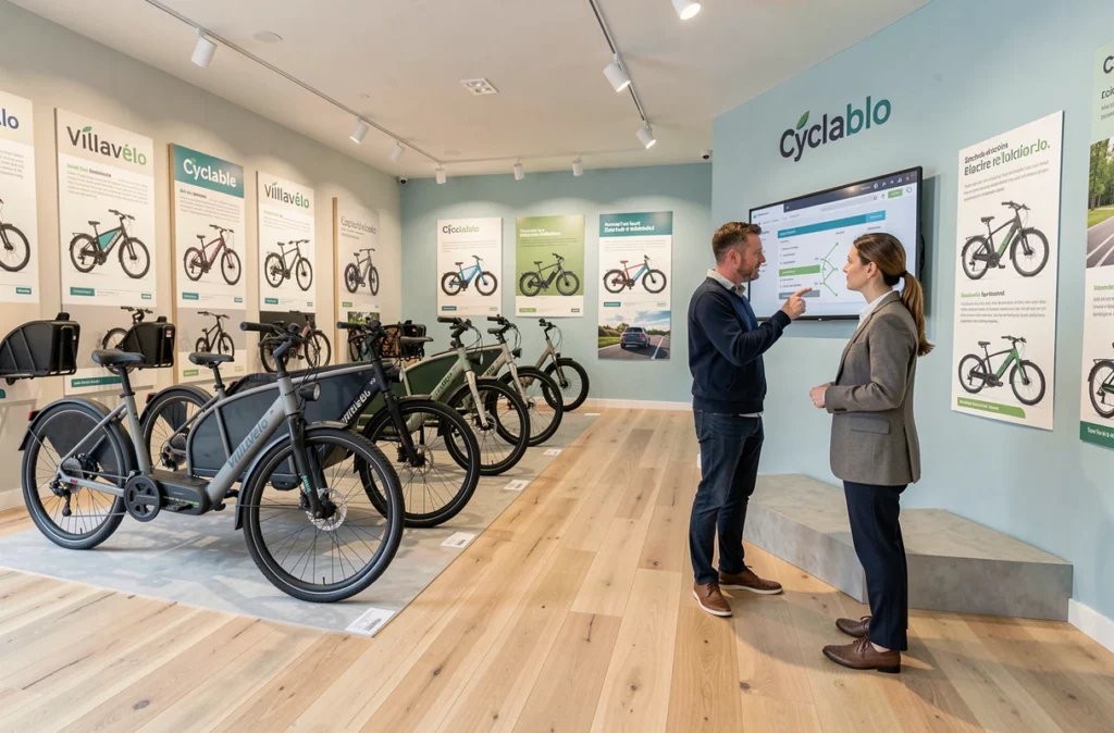 Showroom spacieux de Cyclable Villavélo avec des vélos électriques cargo et un conseiller présentant des fonctionnalités à une cliente