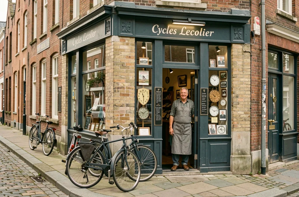 Façade traditionnelle du magasin Cycles Lecolier avec le propriétaire devant sa boutique et des vélos électriques exposés