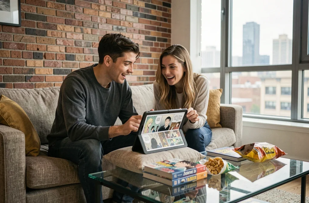 Deux jeunes adultes découvrant ensemble les scans de One Piece sur une tablette dans un appartement moderne