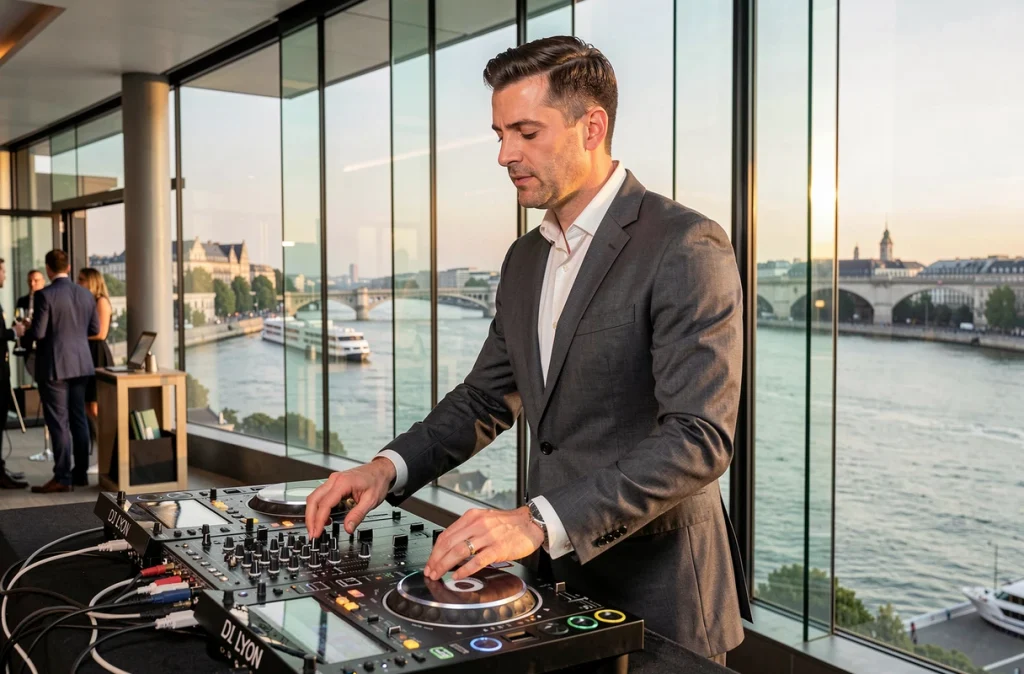 DJ Lyon Événementiel en performance lors d'un cocktail d'entreprise dans un espace moderne avec vue sur le Rhône