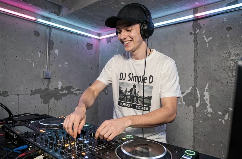 DJ Simple D souriant derrière ses platines dans un club intimiste de Lyon