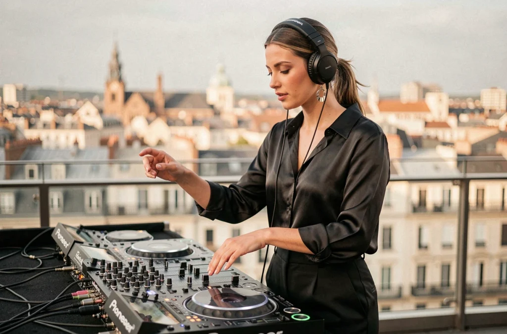 Djette Tina en train de mixer lors d'un événement en rooftop à Lyon, vue sur la ville en arrière-plan