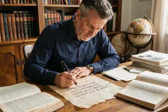 Homme écrivant des chiffres romains à la plume sur du papier parchemin avec des livres d'histoire ouverts sur un bureau en bois