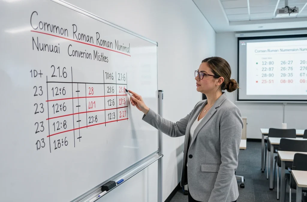 Femme enseignante pointant un tableau blanc présentant des erreurs courantes dans la conversion de dates en chiffres romains