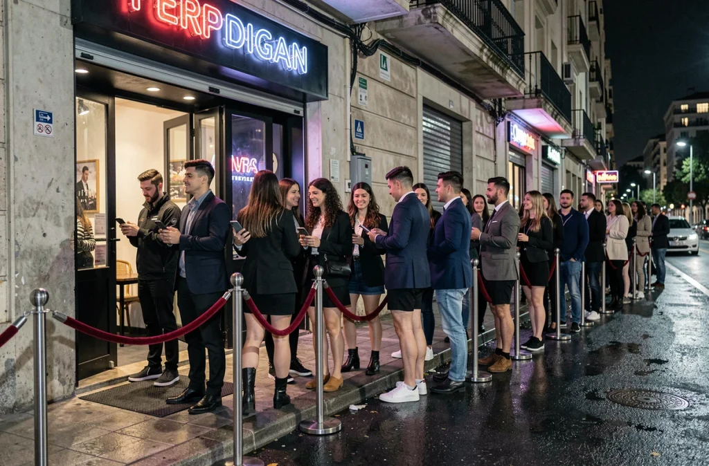 File d'attente de jeunes étudiants devant l'entrée d'une discothèque à Perpignan la nuit