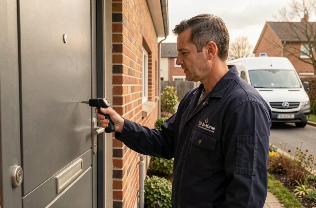 Technicien d'Etienne Services Val-de-Marne inspectant une serrure multipoints sur une porte renforcée en banlieue parisienne
