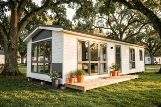 Mobil-home moderne de qualité installé dans un camping verdoyant avec terrasse en bois et grands vitrages, illustrant un achat durable