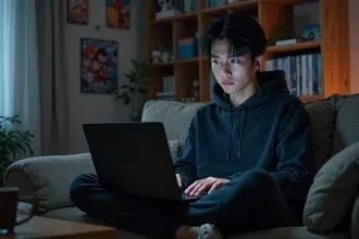 Fan d'anime impatient regardant Tengoku Daimakyou sur un ordinateur portable entouré de mangas et figurines