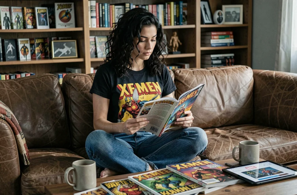 Jeune femme lisant un comics X-Men dans son appartement, passionnée par le personnage du professeur Xavier