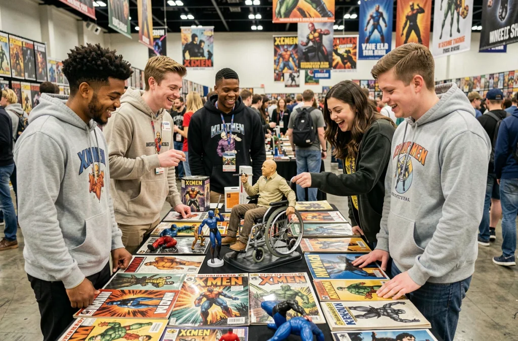Fans enthousiastes autour de figurines X-Men lors d'une convention de bandes dessinées en 2026