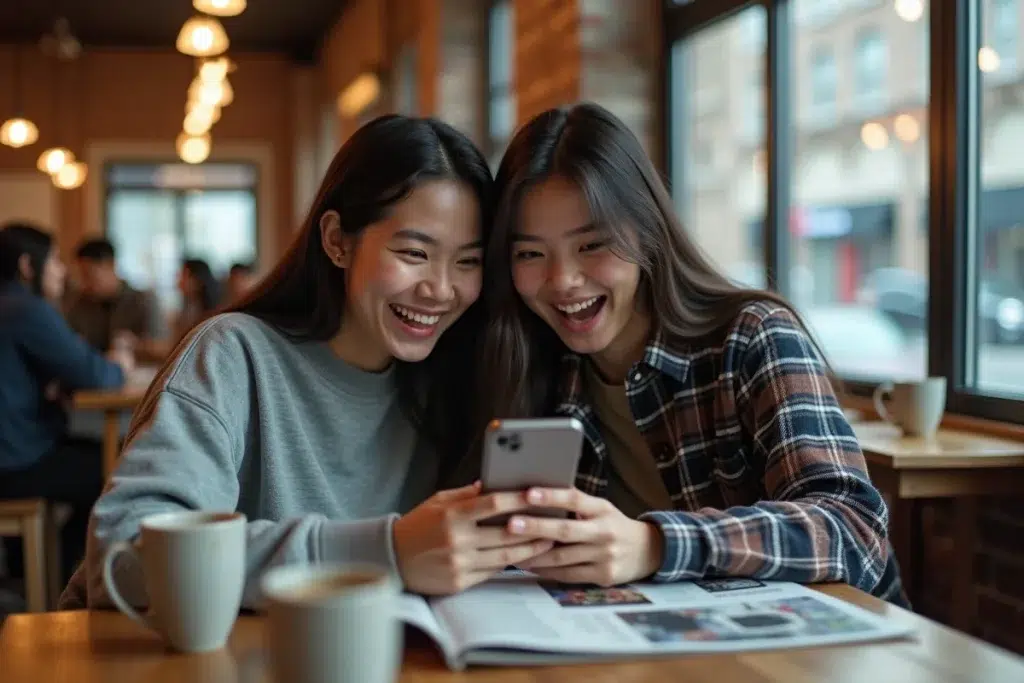 Deux fans féminines d'anime discutant avec enthousiasme de la saison 2 de Tengoku Daimakyou dans un café