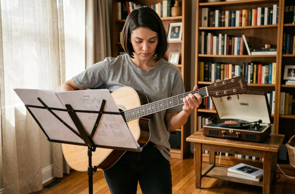 Femme apprenant les enchaînements d'accords de Téléphone sur guitare acoustique dans un appartement