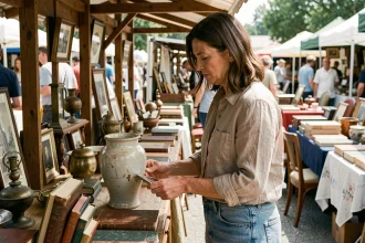 Femme chinant sur un marché aux puces, examinant une vase ancienne parmi des objets de brocante variés