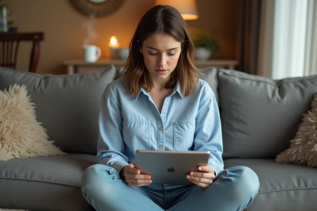 Femme comparant deux jeux de mots sémantiques sur tablette dans un salon, symbolisant la transition entre Cémantix et Cépantix