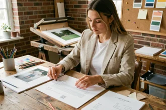 Jeune femme créative organisant son CV artistique et son portfolio sur un bureau en bois dans un atelier fait maison