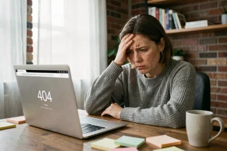 Femme frustrée devant un écran d'erreur 404 en cherchant une adresse web introuvable sur son ordinateur portable