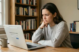 Femme frustrée devant un ordinateur portable affichant une erreur de site web, cherchant une alternative pour télécharger des ebooks