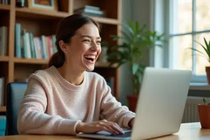 Femme souriante qui parcourt des GIFs d'anniversaire animés sur son ordinateur portable depuis un bureau en bois à la maison
