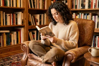 Femme lisant un roman historique en format poche dans un fauteuil en cuir entouré de bibliothèques en bois
