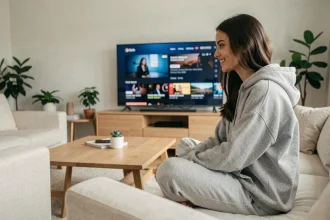 Jeune femme regardant des séries animées francophones sur un grand écran de télévision dans un salon moderne et cosy