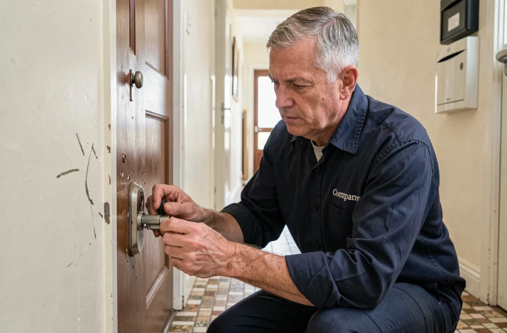 Serrurier Fichot Dépannage remplaçant un cylindre endommagé sur une porte d'appartement dans un immeuble résidentiel