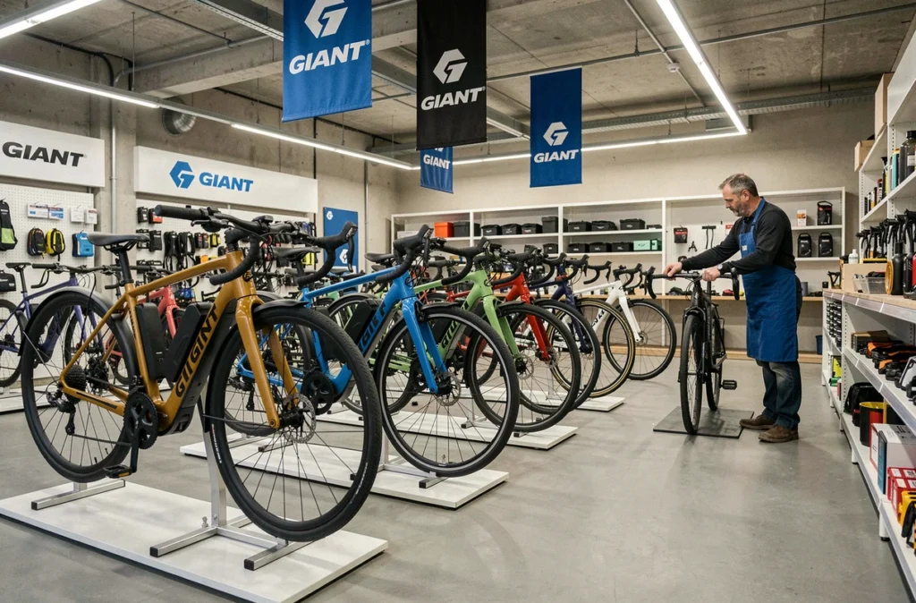 Showroom de Giant Lille Nationale avec des modèles de vélos électriques exposés et un mécanicien en atelier